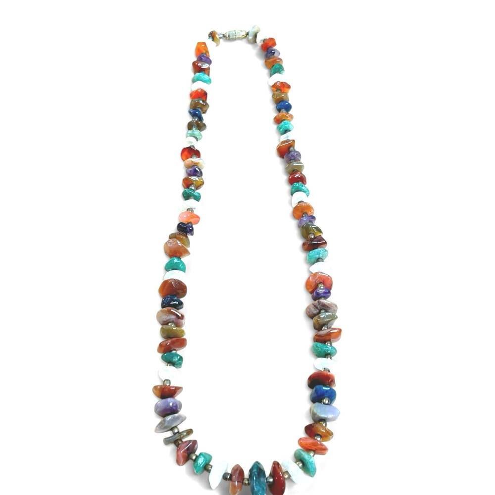 Vintage Multi Gemstone Chip Bead Necklace Semi Precious Polished Colorful Boho